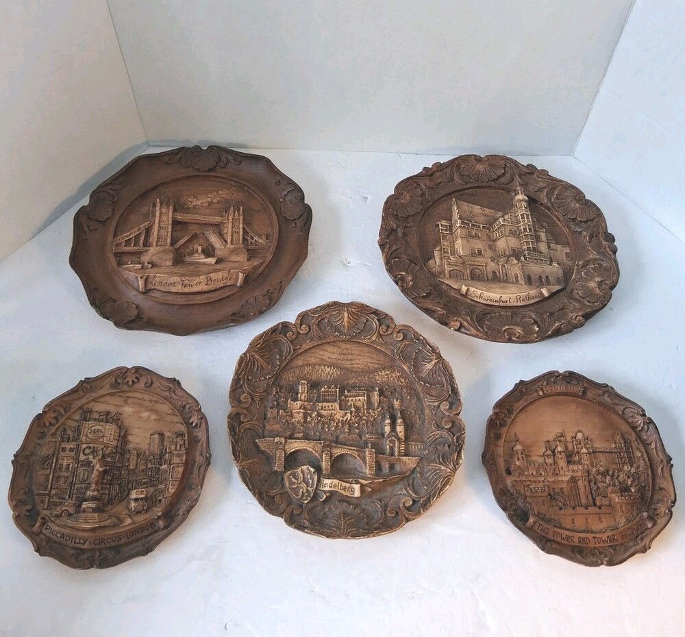 VTG 3D Relief Wall Plates Lot 5 Faux Wood Resin Souvenir Europe;England/Germany